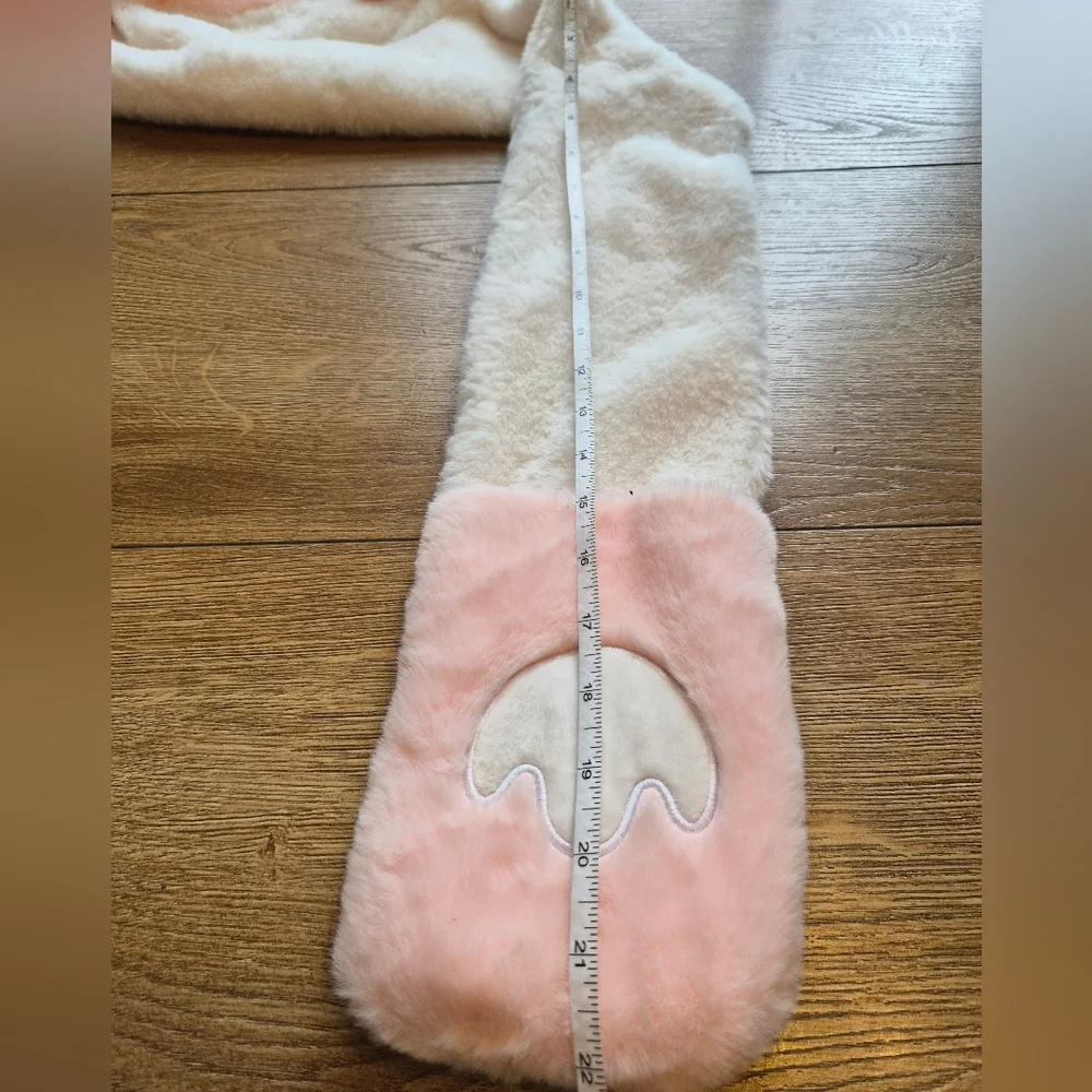 Pink White Plush Bear Hat Scarf Mittens 3 in 1 Hooded Pocket Scarf OS One Size